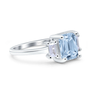 Emerald Cut Art Deco Three Stone Wedding Ring Simulated Aquamarine CZ 925 Sterling Silver